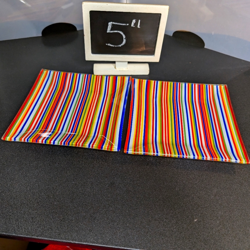 Pier 1 vintage colorful striped festive summery 5" heavy‎ glass dessert plates 2